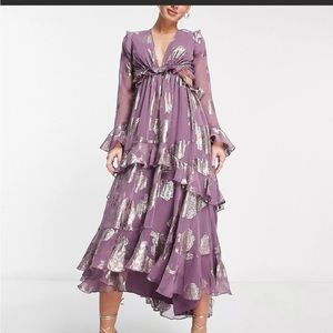 ASOS DESIGN ruffle floral jacquard midi dress with tiered skirt in mauve